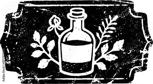 Vintage medicinal bottle with botanical herbs illustration on distressed label background