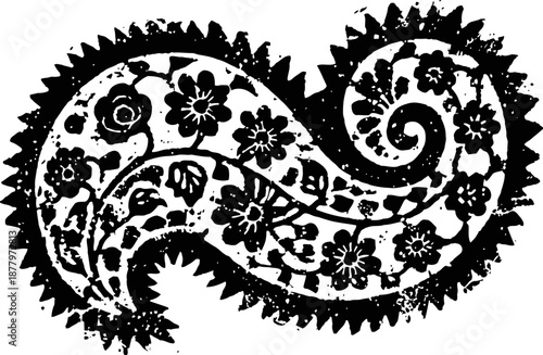 Intricate paisley design with floral patterns and ornamental detailing in black and white