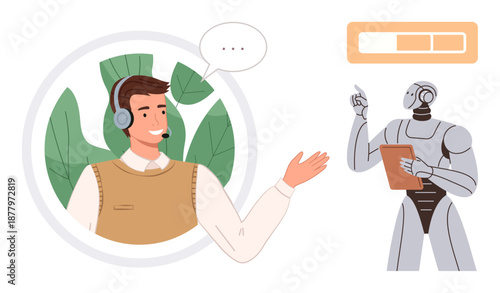 Customer service, AI collaboration, communication technology, hybrid workforce, progress tracking, and chatbot systems. A man with a headset interacting with a robot holding a clipboard. Customer