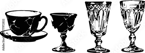 Four vintage wine and tea glasses with ornate and classic designs in black and white