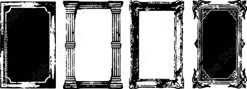 Set of four vintage black and white decorative rectangular frames with various ornate designs