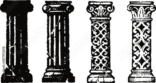 Four distinct antique columns with ornate and fluted classical architectural designs