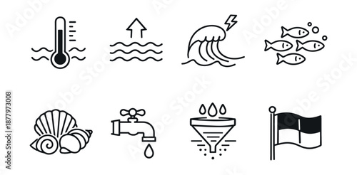 Water and marine environment line icons set