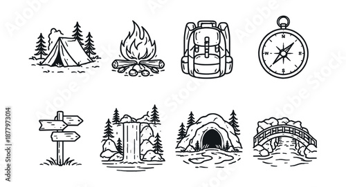 Outdoor camping and adventure line art illustrations