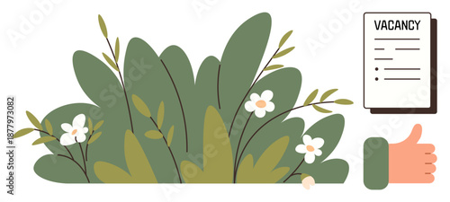 Recruitment, human resources, job hunting, employment, vacancy, hiring process. Green foliage with flowers, vacancy form thumbs-up hand gesture. Recruitment and employment concept