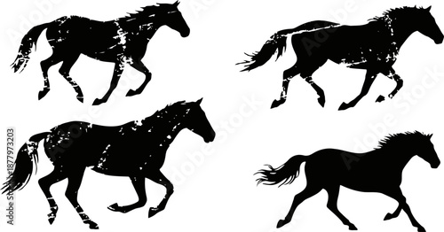 Set of black running horse silhouettes with dynamic poses and flowing manes and tails