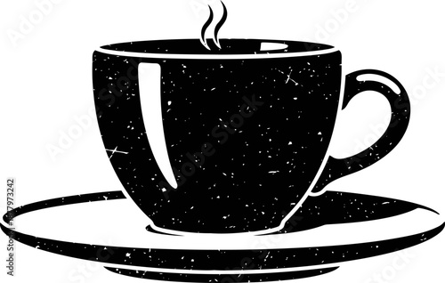 steaming cup of coffee on saucer with vintage textured design