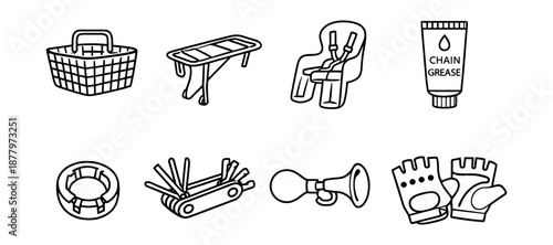 Bicycle Accessories Line Drawings Set