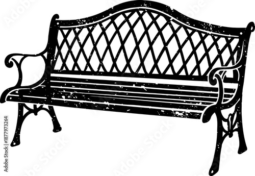 Vintage iron bench with lattice backrest and armrests, grunge illustration