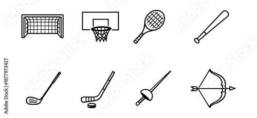 Sports equipment line drawings set