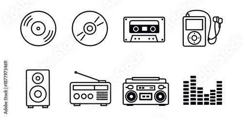 Music and audio equipment outlined icons set