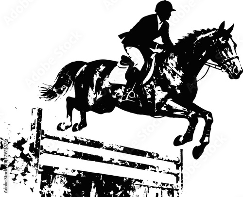Equestrian horse and rider jumping over obstacle in show jumping competition silhouette