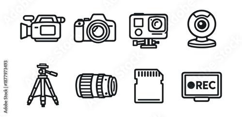 Photography and videography device line icons set