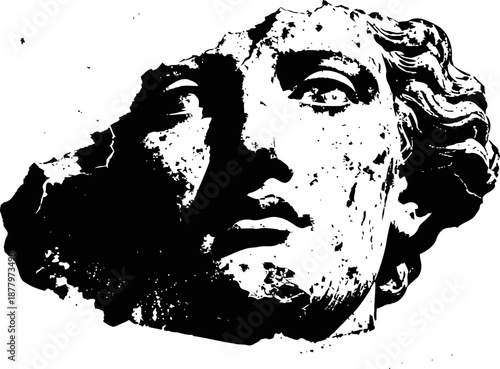 Ancient classical greek sculpture fragment of a male head with detailed facial features and curly hair