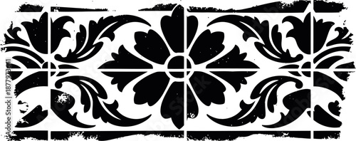 Vintage floral ornamental decorative border with distressed black and white design elements