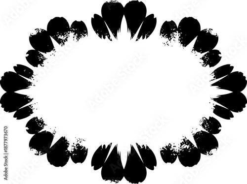 Black floral frame border with abstract paint brush strokes and petals design on white background