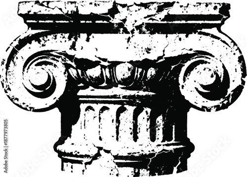 ionic column capital with scroll design, ancient classical architecture detail in black and white