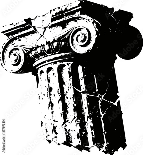 Ancient cracked ionic column capital with volutes and fluted shaft in black and white