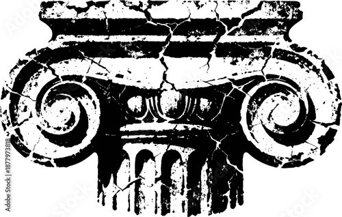 Ancient classical ionic column capital with cracked textured design in black and white