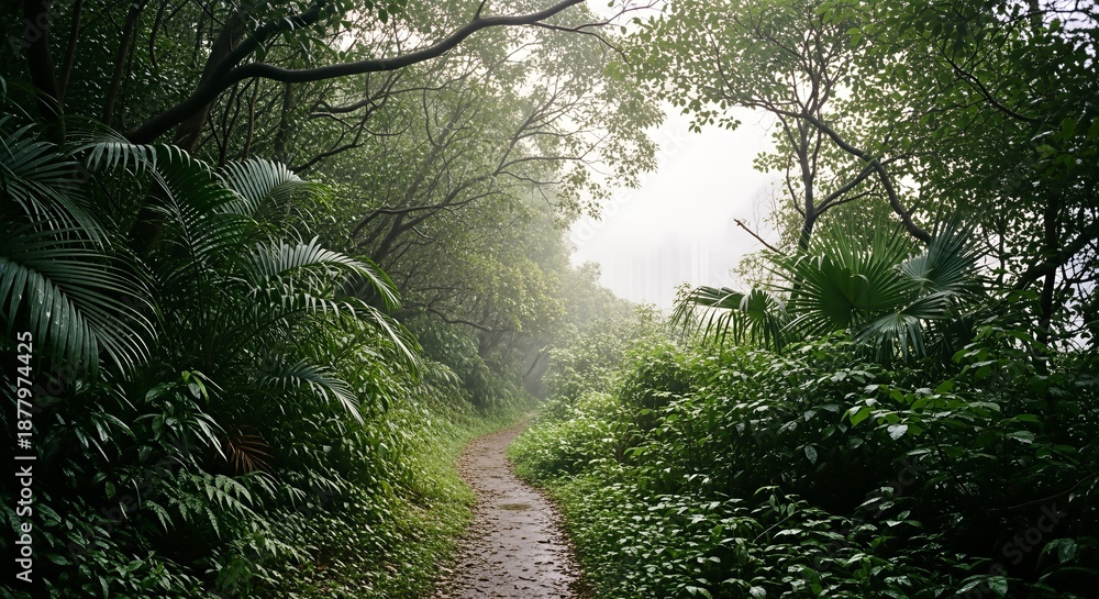 Obraz premium Misty Forest Path Winding Through Lush Greenery.