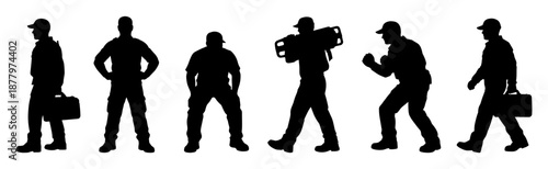 Professional people silhouettes showing rescue and emergency response activities. Black human figures performing critical action tasks