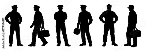 Professional people silhouettes showing aviation and pilot service roles. Black human figures in uniform with helmets and travel bags