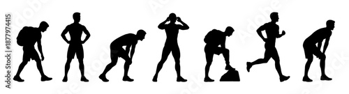 Professional people silhouettes showing sport training and physical activity poses. Black human figures running, exercising, and preparing for fitness routines