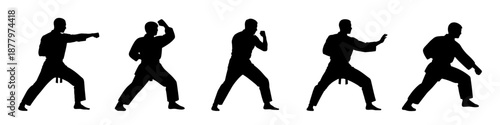 Martial arts silhouettes showing combat and self defense poses. Black human figures performing fighting techniques