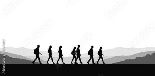 Group of people silhouettes walking in one direction across open landscape. Minimalist scene symbolizing journey, movement, and collective travel