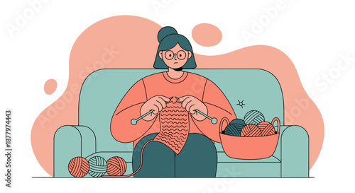 Woman Knitting on Sofa with Yarn.
