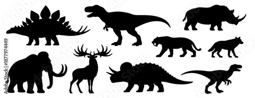 Dinosaur silhouettes showing prehistoric reptiles in different poses. Black figures representing extinct animals from ancient eras