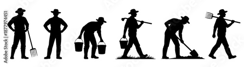 Farmer silhouettes showing agricultural work and rural labor. Black human figures using farming tools and equipment