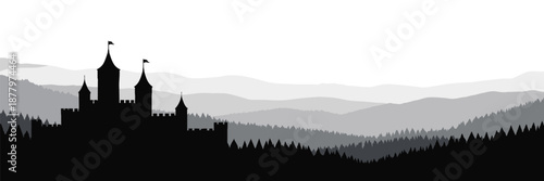 Medieval castle silhouettes rising above forested hills. Atmospheric scene representing fantasy, history, and defense