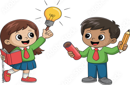 Two diverse elementary school students with glowing lightbulb and book, education and creative idea vector