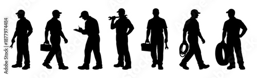 Professional people silhouettes showing technical repair and maintenance work. Black human figures using tools in service and mechanical activities