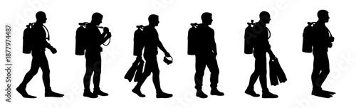 Professional people silhouettes showing diving and underwater equipment handling. Black human figures with oxygen tanks and diving gear