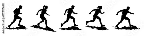 Running silhouettes showing people in dynamic motion. Black human figures representing speed, endurance, and sport activity