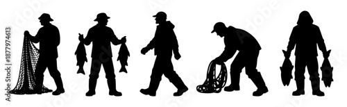 Professional people silhouettes showing fishing and commercial seafood work. Black human figures holding nets and fish in labor activities