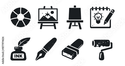 Artistic tools and supplies icon set