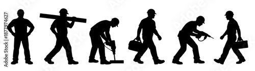 Construction worker silhouettes showing labor and industrial activity. Black human figures with tools and working poses