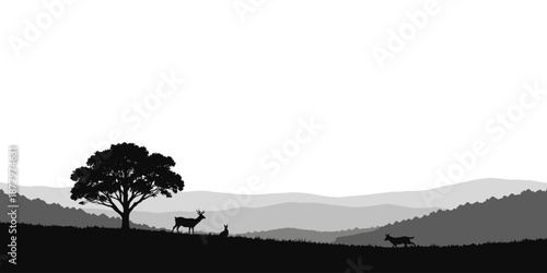 Wild animals silhouettes near tree in open nature landscape. Calm scene representing wildlife balance and forest life