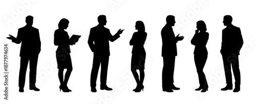 Business people silhouettes showing communication and office interaction. Black human figures in formal poses and gestures