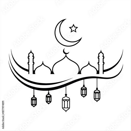Illuminated mosque with crescent moon and star Vector