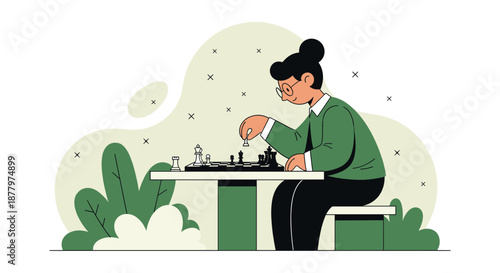 Woman Playing Chess with Focus and Concentration.