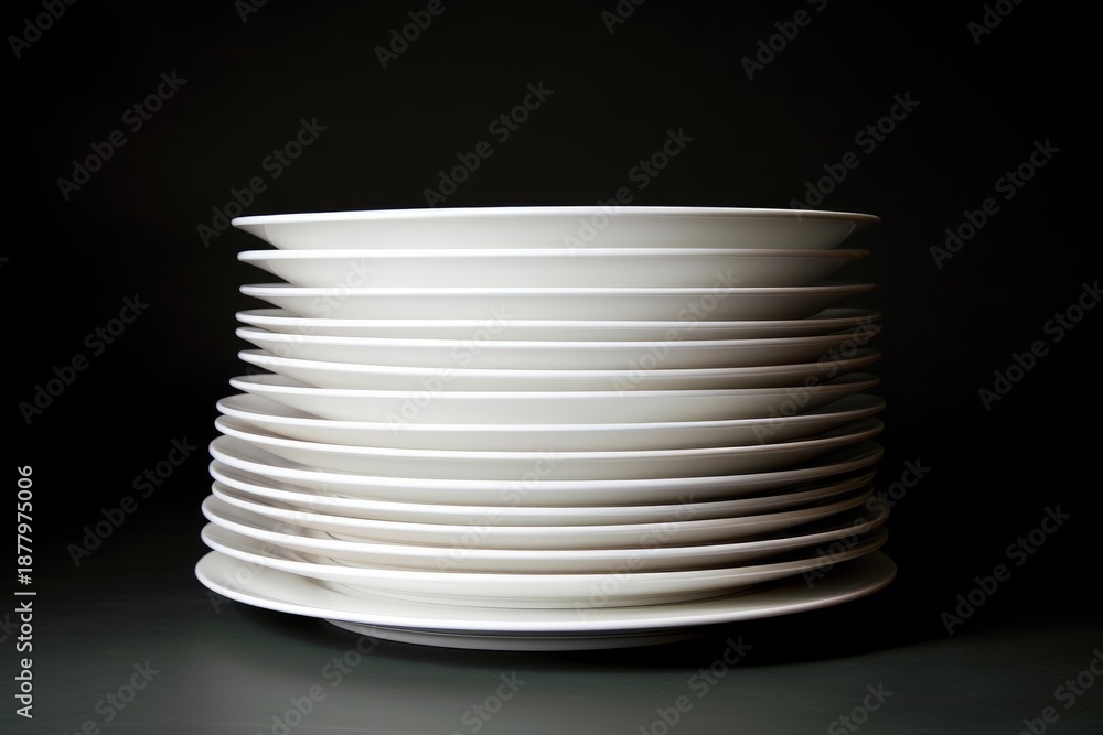 Obraz premium Many white plates stacked together creating a tall cylindrical shape, set against a dark background