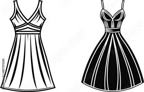Elegant Women Dress Silhouette Set In Black And White