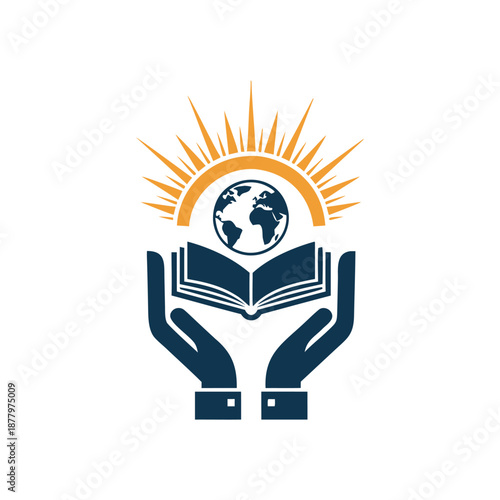 Global education, logo with hands holding open book and world globe under sun rays, vector illustration for learning and knowledge