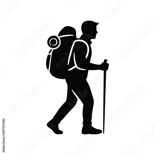 Hiker silhouette vector illustration with backpack and walking stick for outdoor adventure