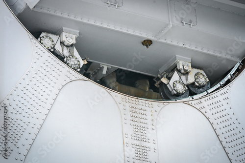 Close-up of riveted steel structure showing industrial engineering details
