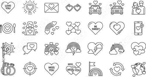 Valentine love editable line icon set with hearts, couples, messages, rainbows and romantic symbols for web, app and print design